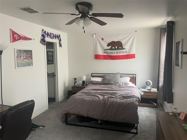 bedroom with visible vents, dark carpet, ceiling fan, and baseboards