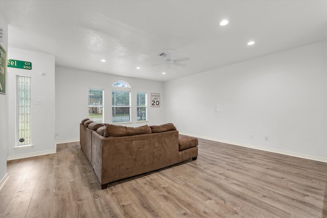 1520 Bagby Ave, Waco, TX 76706 - living room featuring wood finished floors, ceiling fan, recessed lighting, and baseboards