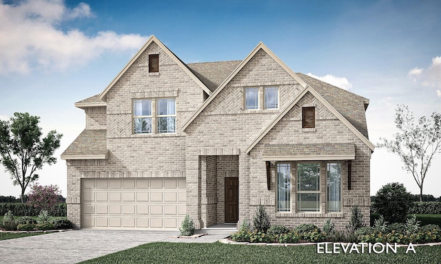 view of front of property featuring a garage, driveway, and brick siding