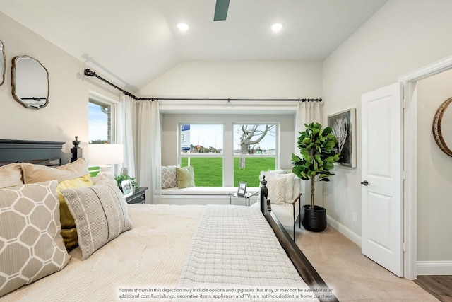 bedroom featuring recessed lighting, multiple windows, vaulted ceiling, and baseboards