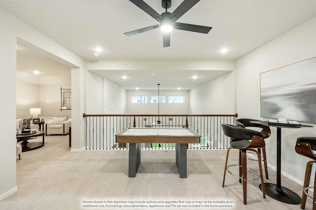 rec room featuring light carpet, ceiling fan, recessed lighting, and baseboards