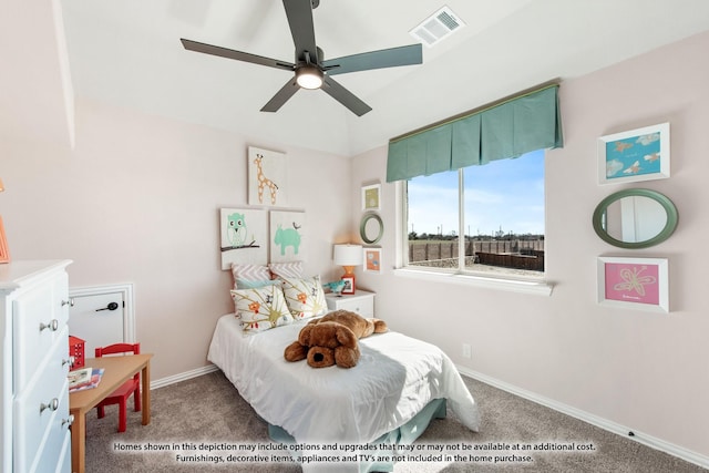 bedroom featuring carpet floors, baseboards, visible vents, and a ceiling fan