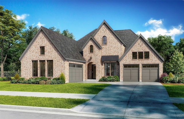 view of front of house featuring concrete driveway, brick siding, roof with shingles, and a front yard