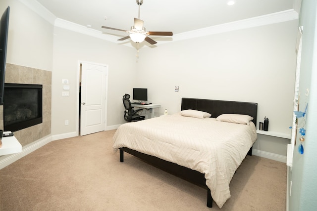 bedroom with baseboards, ornamental molding, and light colored carpet