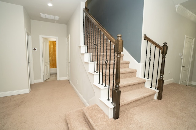 stairway featuring carpet floors, recessed lighting, visible vents, and baseboards