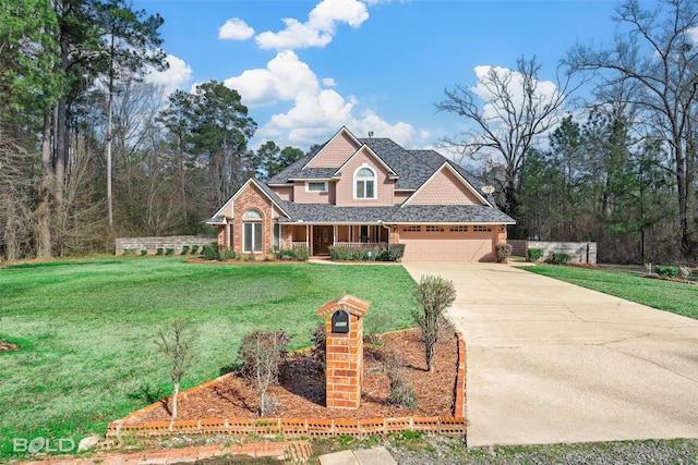 view of front facade featuring a garage, roof with shingles, concrete driveway, and a front yard