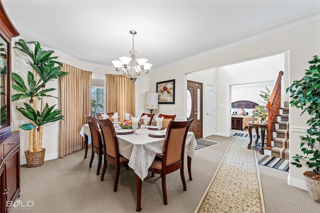 dining space featuring stairway, light colored carpet, a chandelier, and crown molding