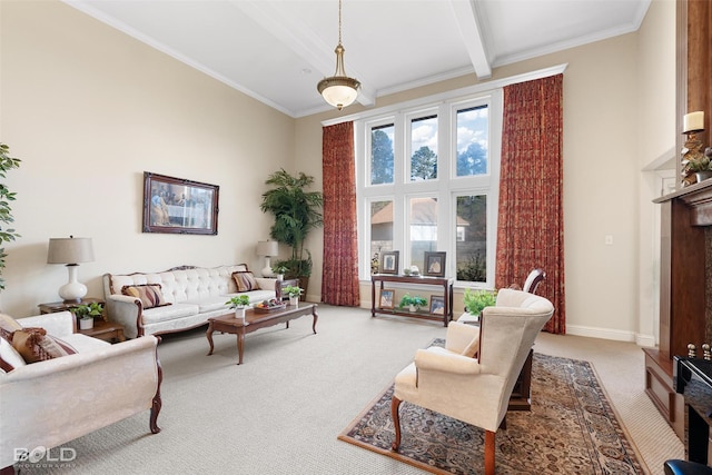 living area with beamed ceiling, ornamental molding, carpet floors, baseboards, and a towering ceiling