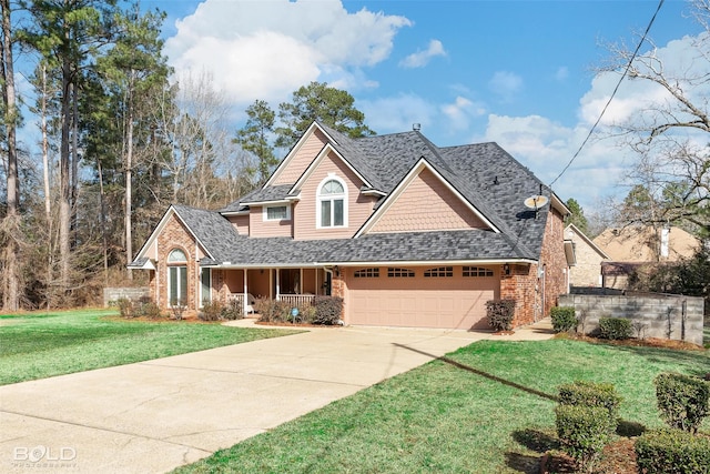 view of front of home featuring a front lawn, concrete driveway, brick siding, and roof with shingles