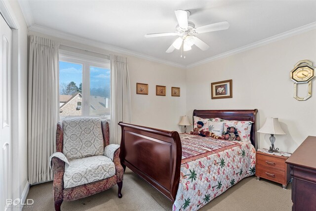 bedroom with light colored carpet and ornamental molding