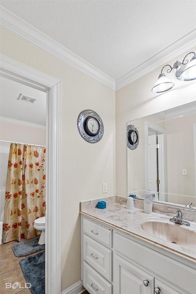 full bath with tile patterned flooring, visible vents, toilet, ornamental molding, and vanity