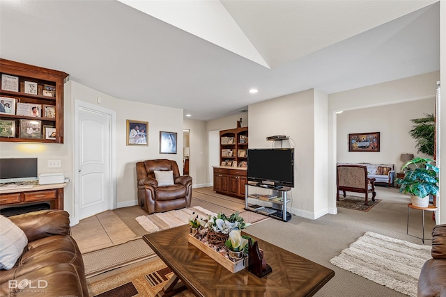 living area with recessed lighting, baseboards, light carpet, and vaulted ceiling