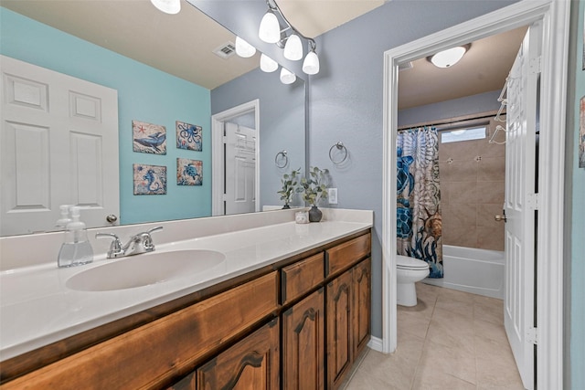 full bathroom featuring shower / tub combo with curtain, visible vents, toilet, vanity, and tile patterned flooring