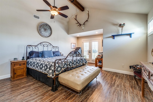 bedroom with beam ceiling, baseboards, wood finished floors, and french doors