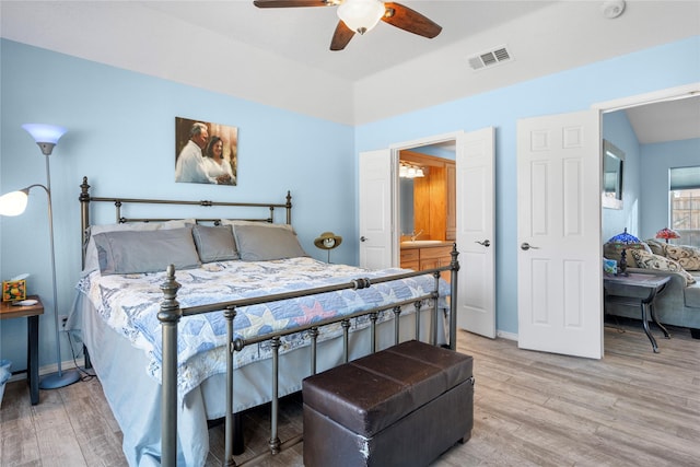 bedroom featuring ceiling fan, light wood finished floors, visible vents, and baseboards