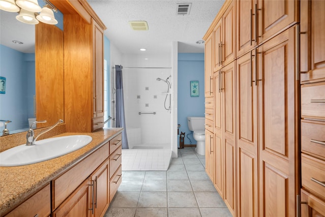 bathroom with visible vents, toilet, tile patterned floors, a textured ceiling, and a shower stall