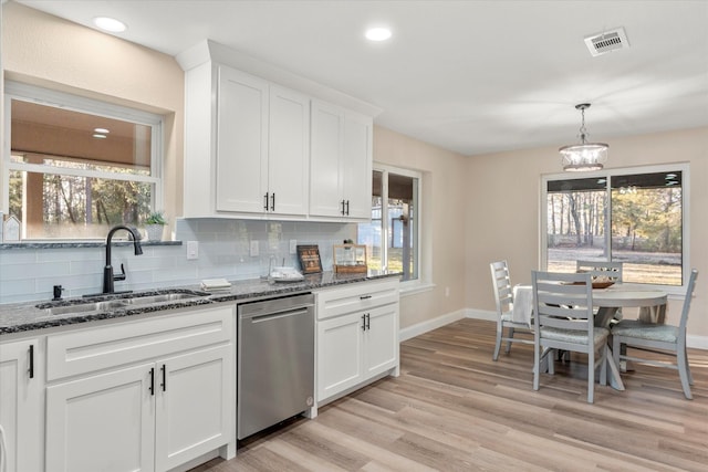 kitchen with a sink, white cabinetry, visible vents, and dishwasher