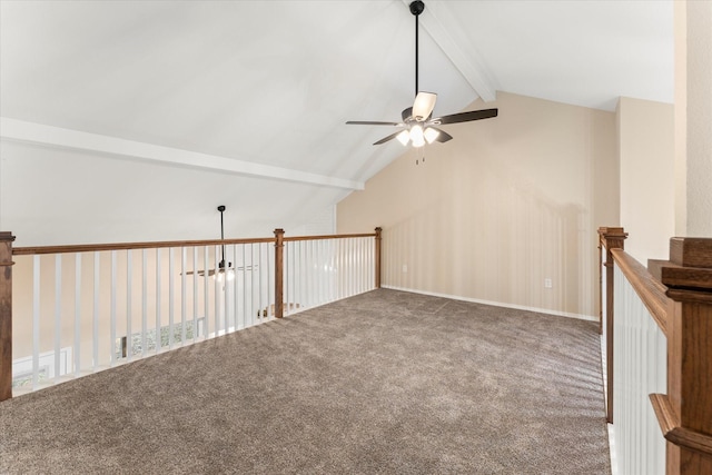 bonus room with carpet, vaulted ceiling with beams, and ceiling fan