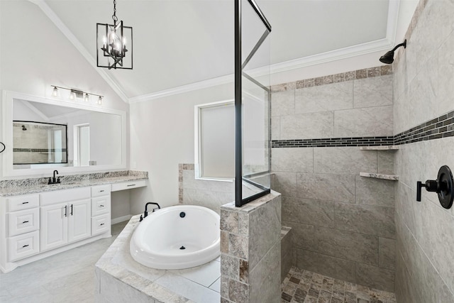 bathroom with a garden tub, vanity, vaulted ceiling, ornamental molding, and walk in shower