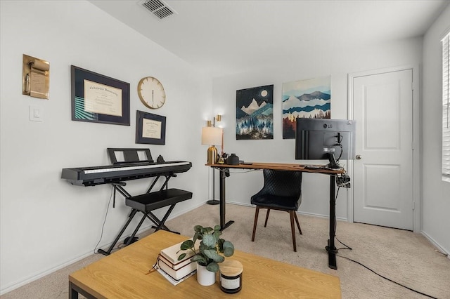 home office featuring carpet, visible vents, and baseboards