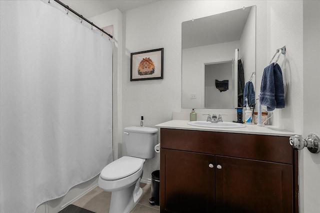 bathroom with shower / bath combo, vanity, toilet, and tile patterned floors