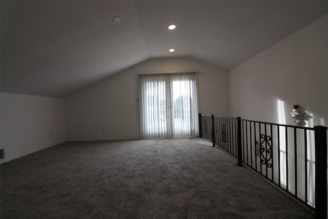 bonus room with carpet, recessed lighting, visible vents, vaulted ceiling, and baseboards