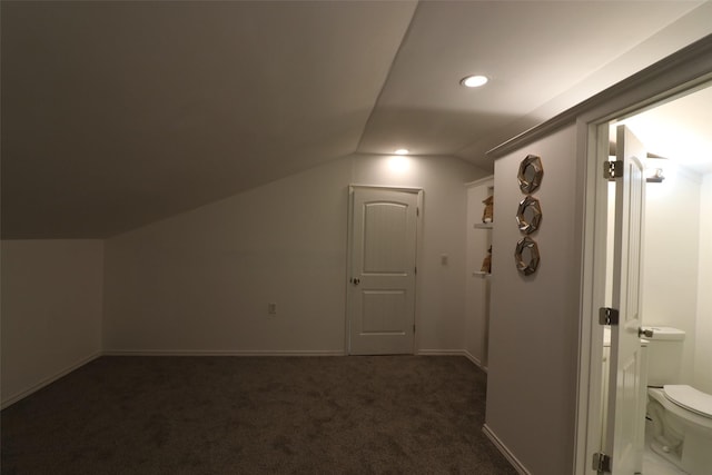 bonus room featuring vaulted ceiling, recessed lighting, dark carpet, and baseboards