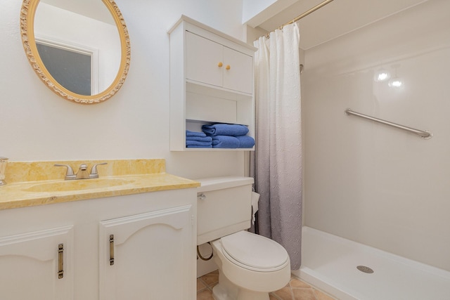 full bath featuring curtained shower, vanity, toilet, and tile patterned floors