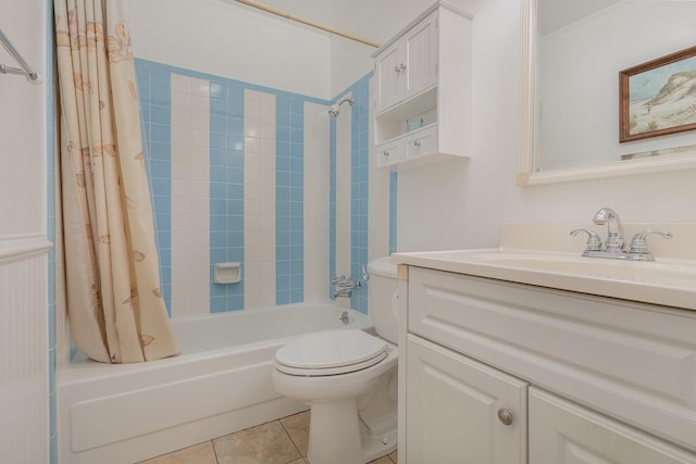 full bath featuring shower / bathtub combination with curtain, vanity, toilet, and tile patterned floors