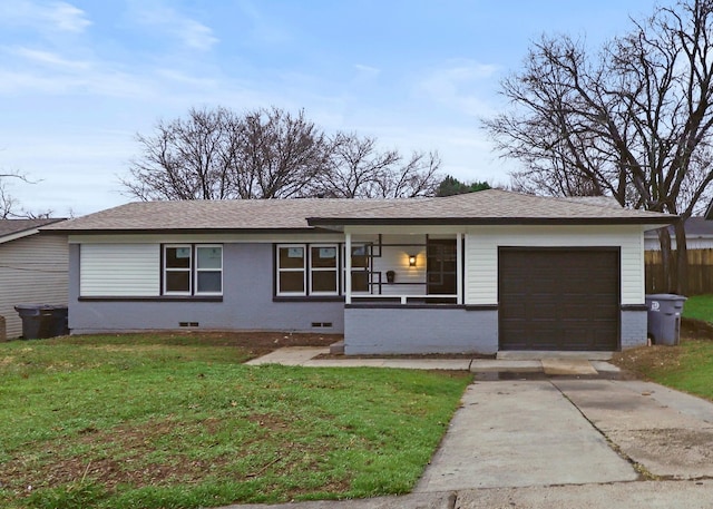 single story home featuring a garage, crawl space, a front lawn, and concrete driveway