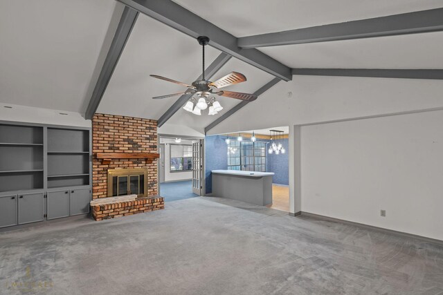 5651 Bretwood Dr, Keithville, LA 71047 - unfurnished living room featuring vaulted ceiling with beams, baseboards, carpet, a brick fireplace, and ceiling fan