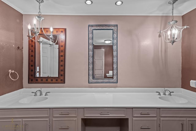 5651 Bretwood Dr, Keithville, LA 71047 - bathroom with double vanity, ornamental molding, a notable chandelier, and a sink