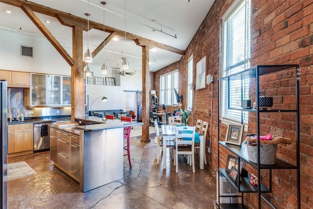 kitchen with visible vents, dishwasher, finished concrete floors, brick wall, and a high ceiling