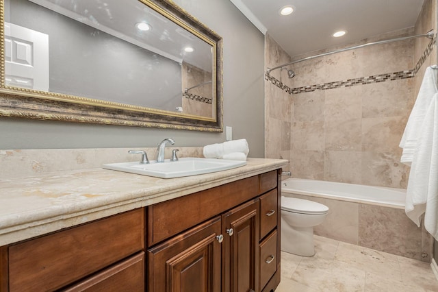 full bath featuring toilet, tiled shower / bath combo, tile patterned flooring, vanity, and recessed lighting