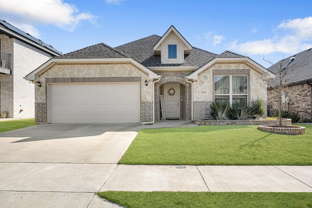 french country inspired facade with driveway, brick siding, a shingled roof, an attached garage, and a front yard