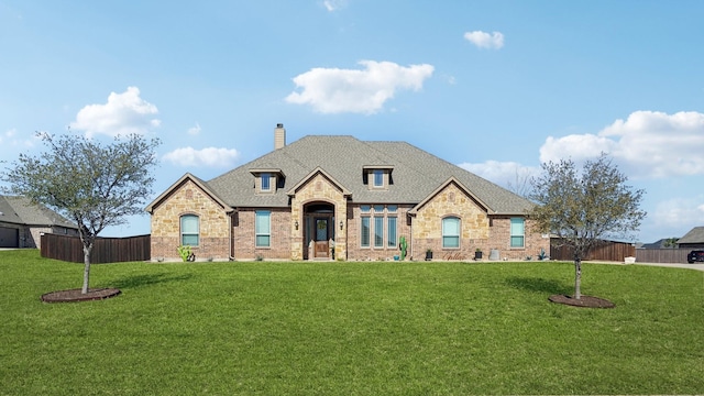 french provincial home featuring brick siding, a chimney, a shingled roof, a front yard, and fence