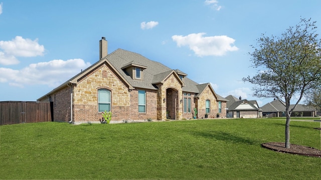 french country home featuring brick siding, a chimney, fence, and a front yard