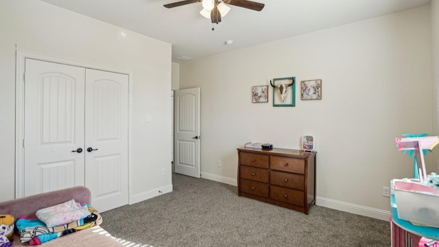 game room featuring a ceiling fan, baseboards, and carpet flooring