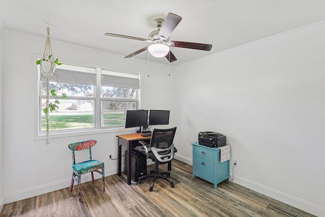 office space featuring a ceiling fan, baseboards, and wood finished floors