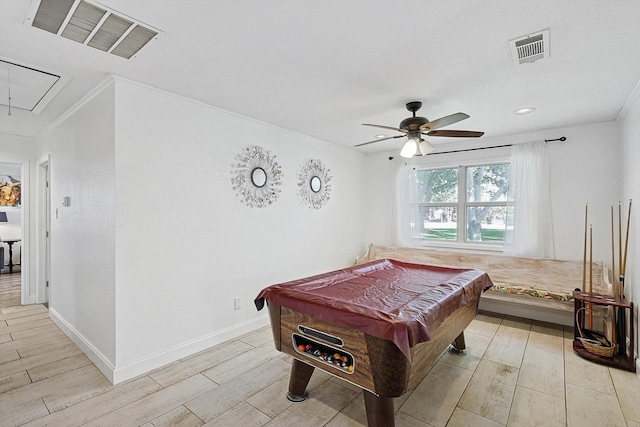 game room with pool table, light wood-style floors, visible vents, and attic access