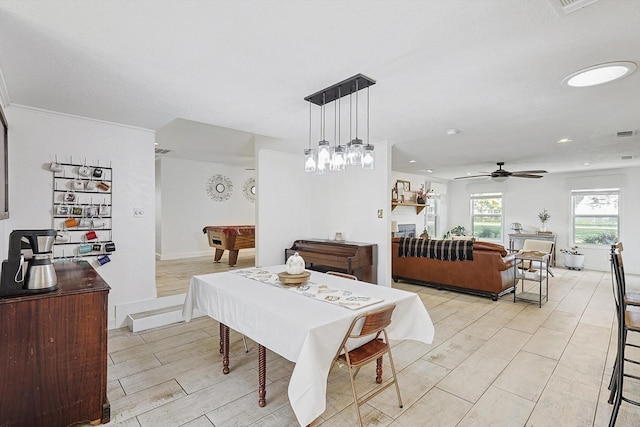 dining space featuring light wood finished floors, billiards, baseboards, ceiling fan, and recessed lighting