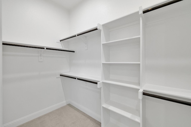 walk in closet with light colored carpet