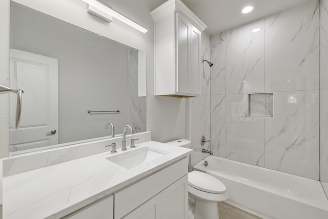 bathroom with shower / bathtub combination, toilet, vanity, and recessed lighting