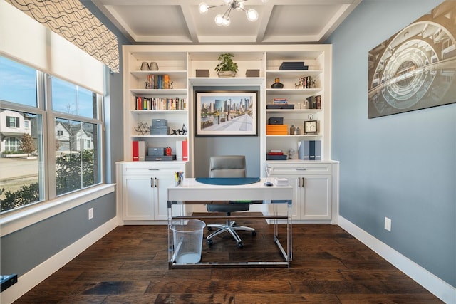 home office with coffered ceiling, baseboards, dark wood-style floors, beamed ceiling, and an inviting chandelier