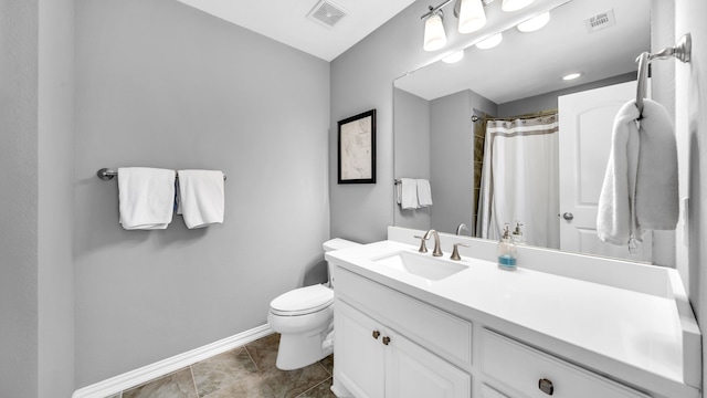 full bath with toilet, baseboards, visible vents, and vanity