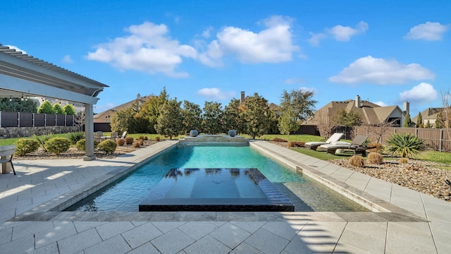 view of swimming pool featuring a patio, a fenced backyard, and a fenced in pool