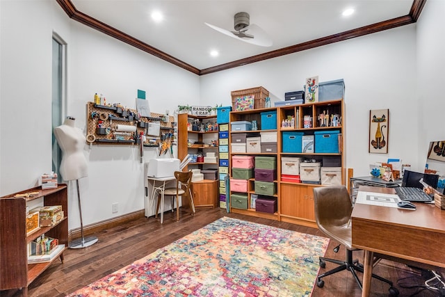 office space featuring a ceiling fan, dark wood-style flooring, ornamental molding, and baseboards