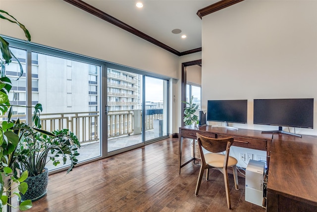 office space featuring ornamental molding, wood finished floors, and recessed lighting