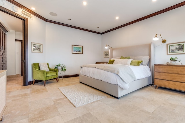 bedroom featuring baseboards, visible vents, crown molding, and recessed lighting