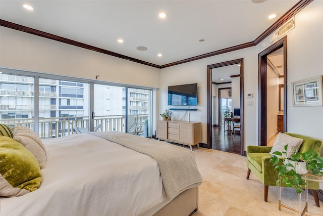 bedroom featuring access to outside, ornamental molding, and recessed lighting